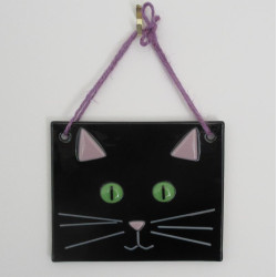 Black Cat Face Wall Hanging with Green Eyes