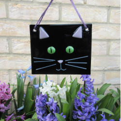 Black Cat Face Wall Hanging with Green Eyes